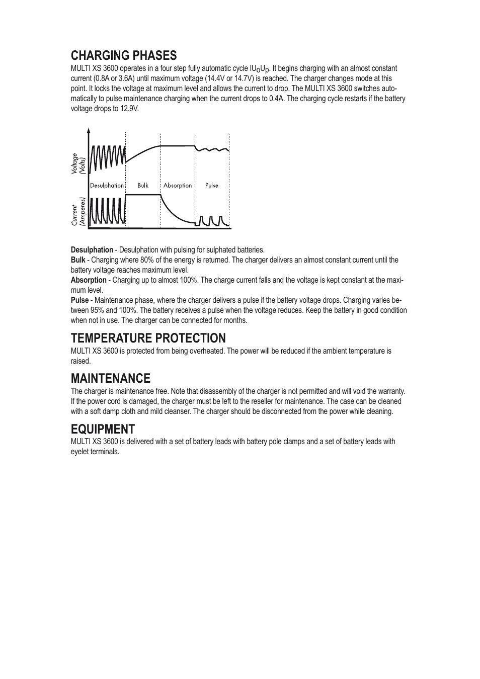 Charging phases, Temperature protection, Maintenance | Equipment | CTEK MXS 3600 User Manual | Page 5 / 7