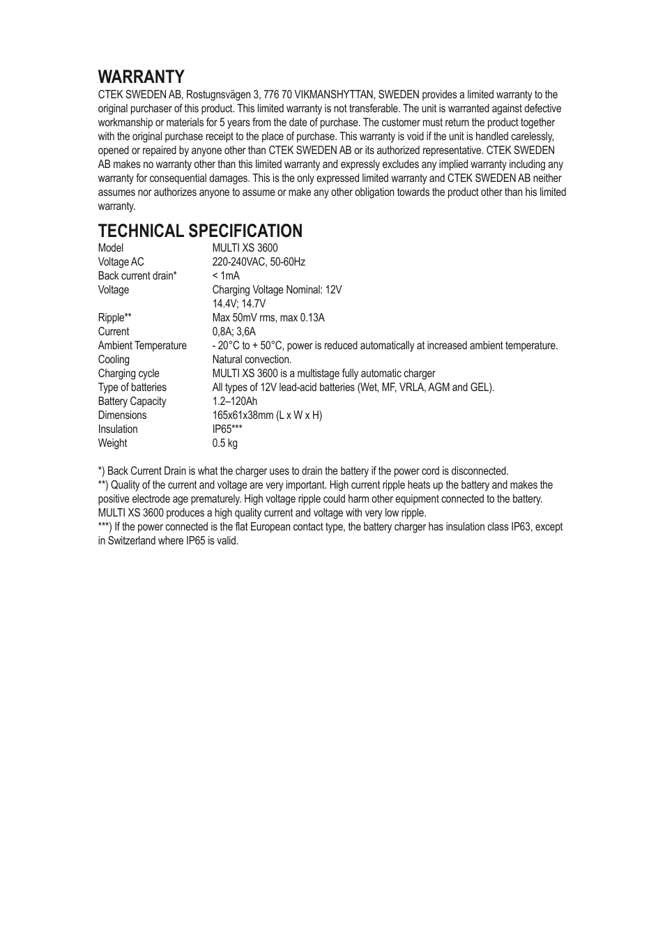 Warranty, Technical specification | CTEK MXS 3600 User Manual | Page 6 / 7