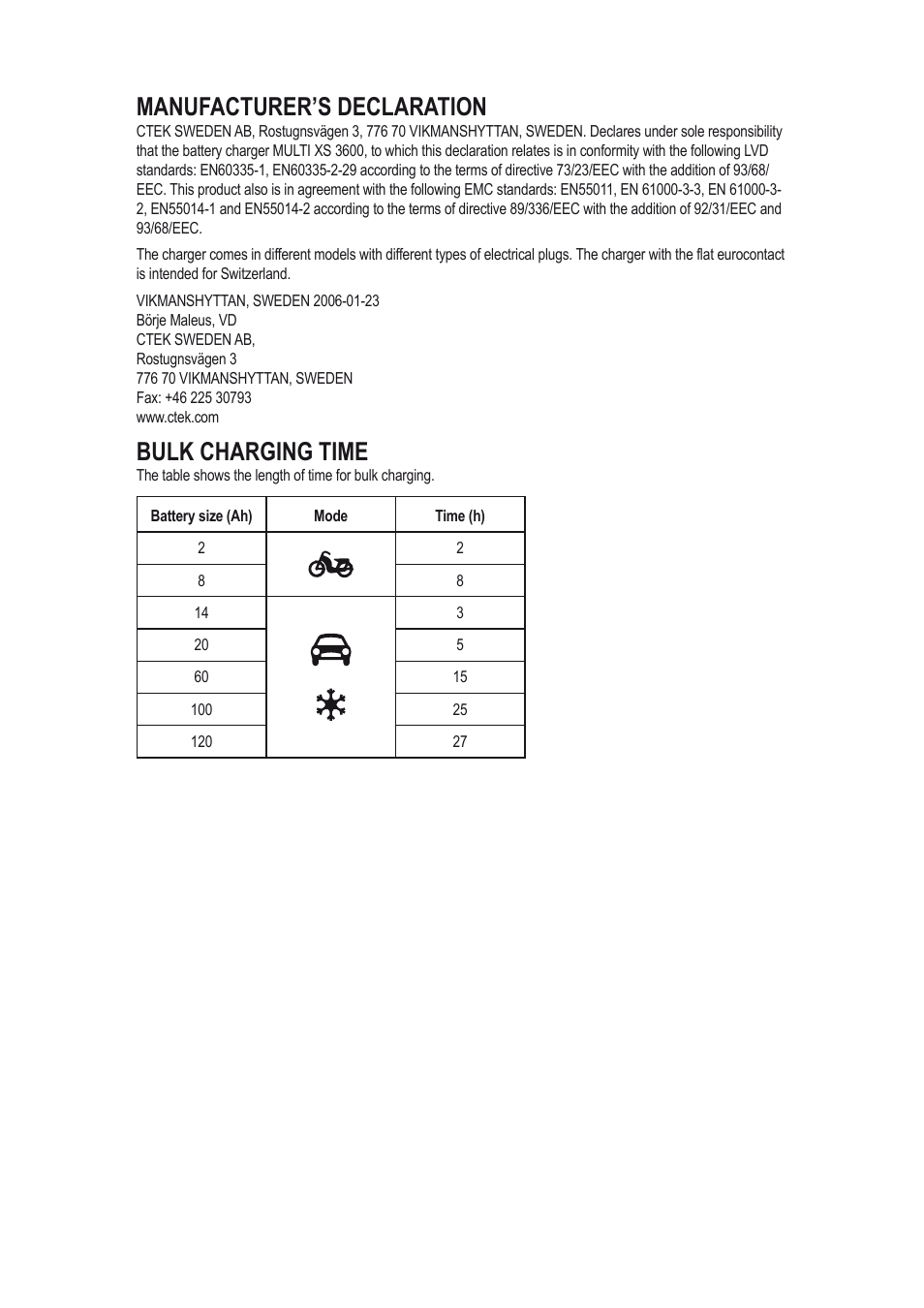 Manufacturer’s declaration, Bulk charging time | CTEK MXS 3600 User Manual | Page 7 / 7