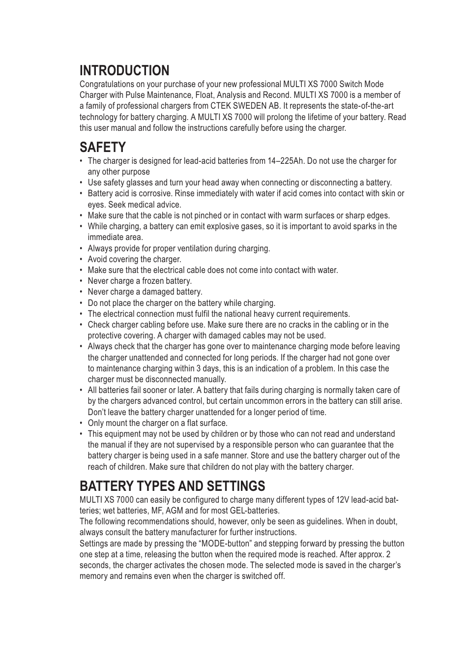 Introduction, Safety, Battery types and settings | CTEK MXS 7000 User Manual | Page 2 / 9