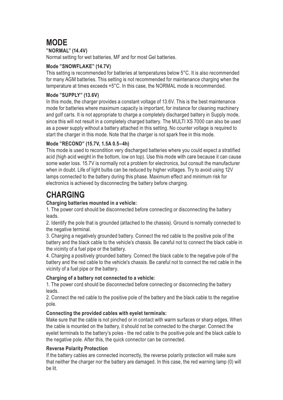 Mode, Charging | CTEK MXS 7000 User Manual | Page 3 / 9