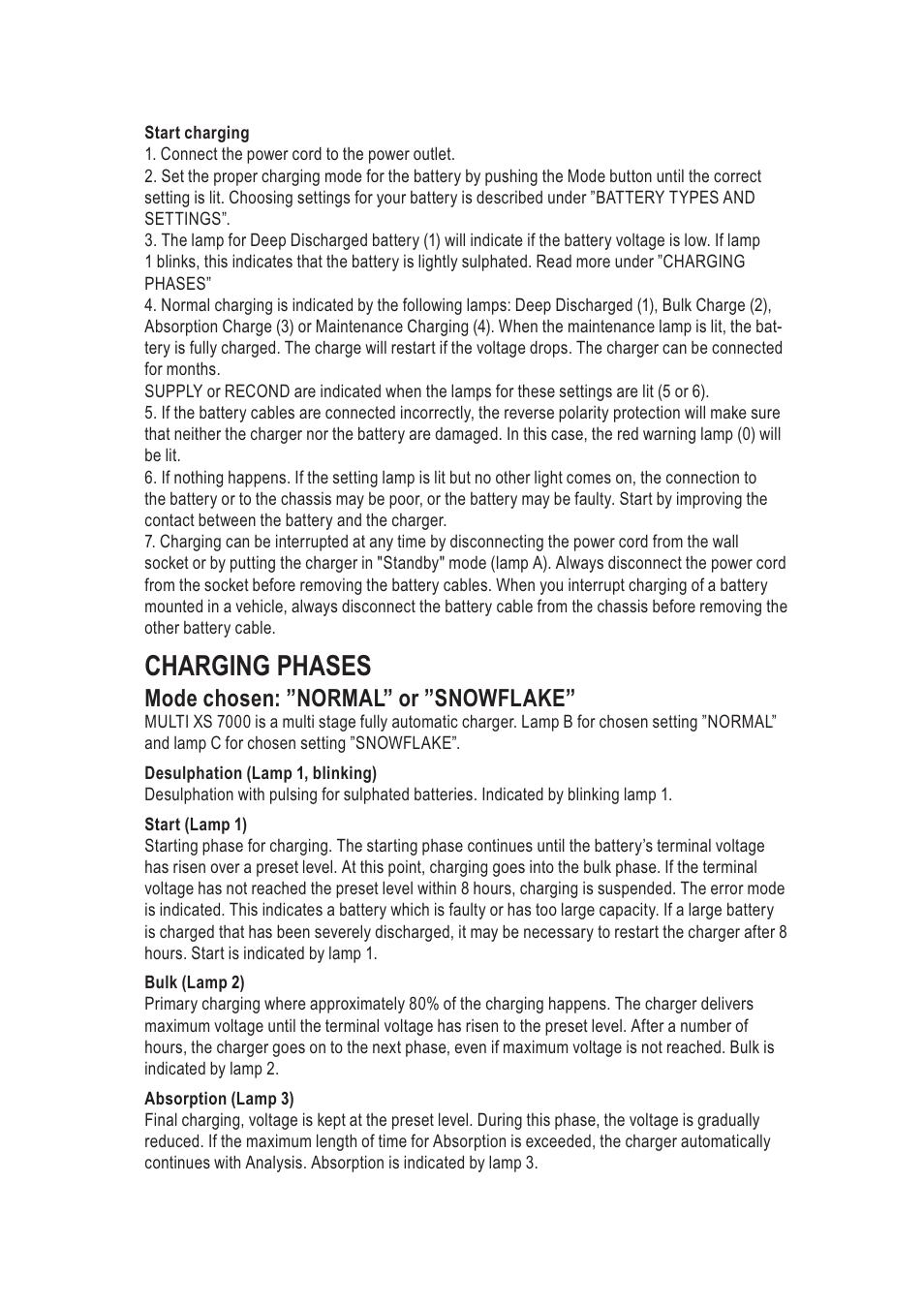 Charging phases, Mode chosen: ”normal” or ”snowflake | CTEK MXS 7000 User Manual | Page 4 / 9
