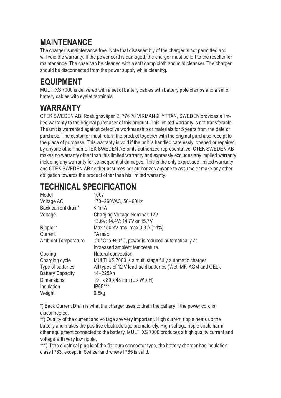 Maintenance, Equipment, Warranty | Technical specification | CTEK MXS 7000 User Manual | Page 6 / 9