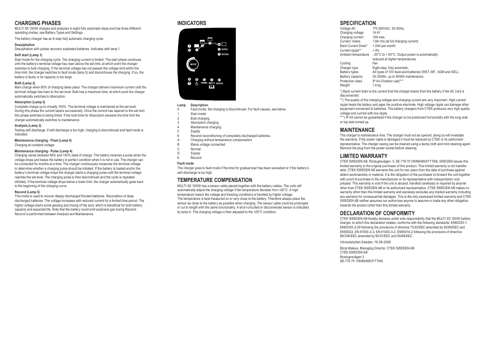Charging phases, Indicators, Temperature compensation | Specification, Maintenance, Limited warranty, Declaration of conformity | CTEK MXS 15000 User Manual | Page 2 / 3