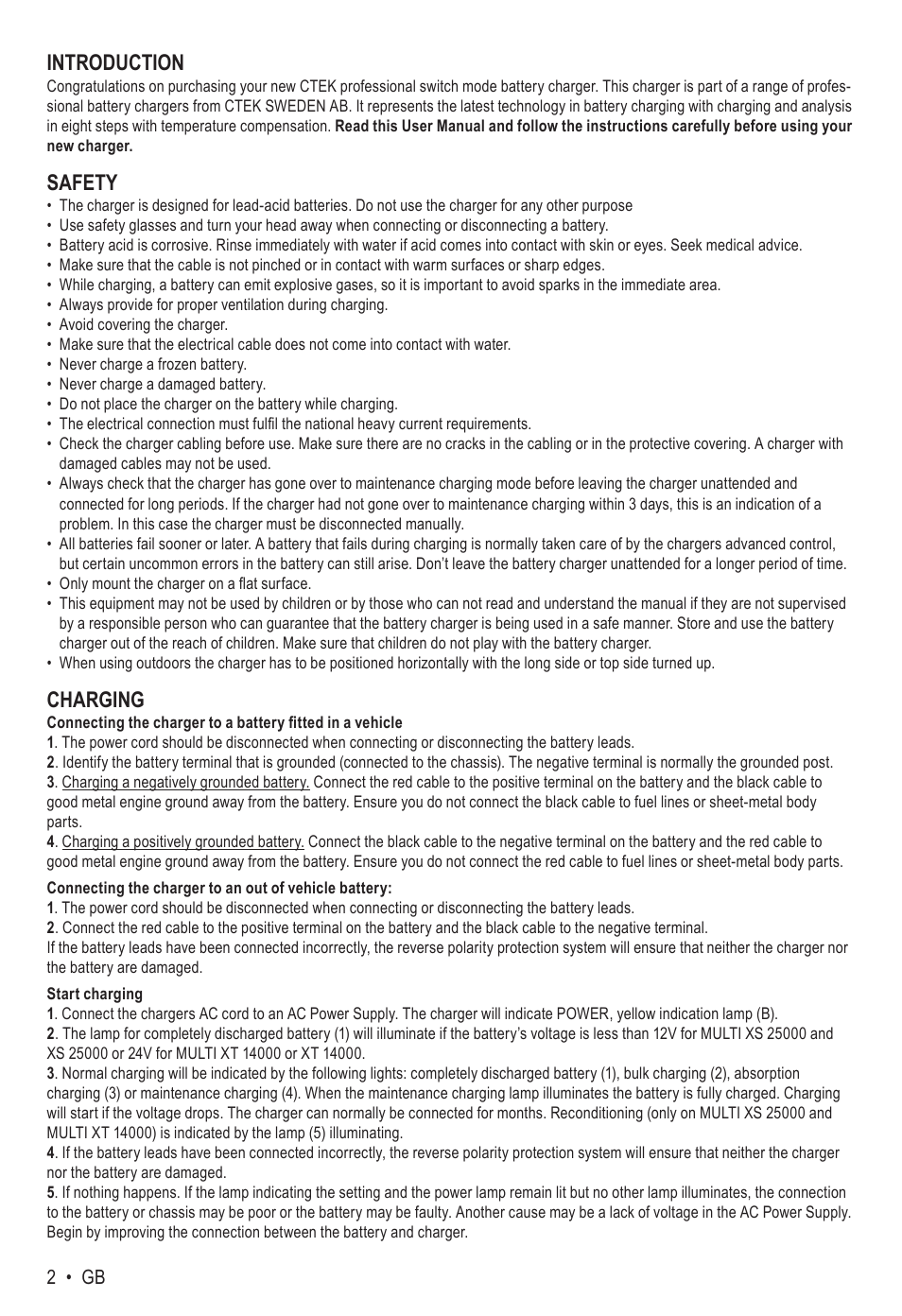 Introduction, Safety, Charging | CTEK MXS 25000 User Manual | Page 2 / 7