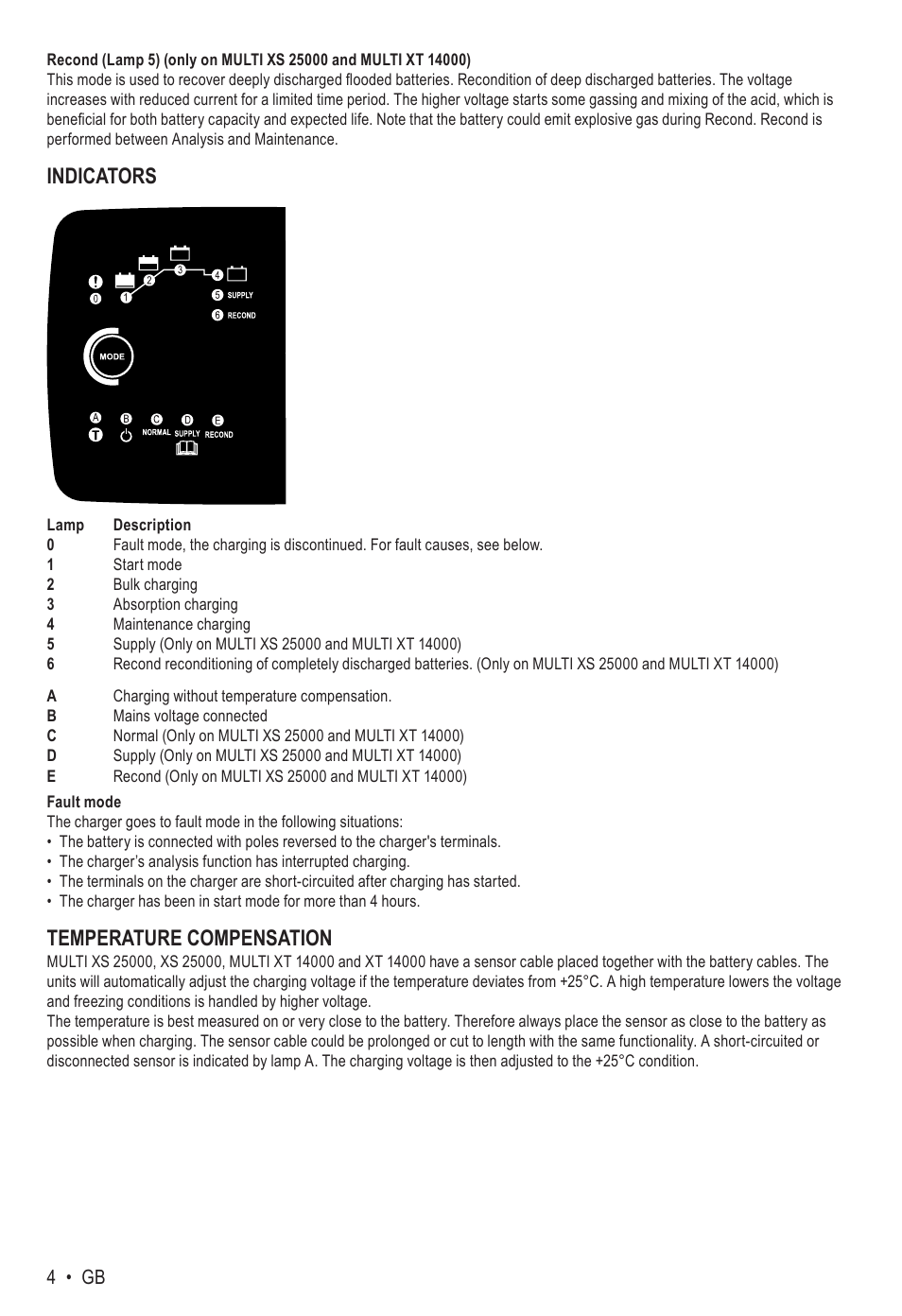 Indicators, Temperature compensation, 4 • gb | CTEK MXS 25000 User Manual | Page 4 / 7