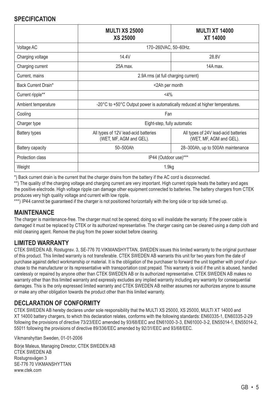 Specification, Maintenance, Limited warranty | Declaration of conformity | CTEK MXS 25000 User Manual | Page 5 / 7