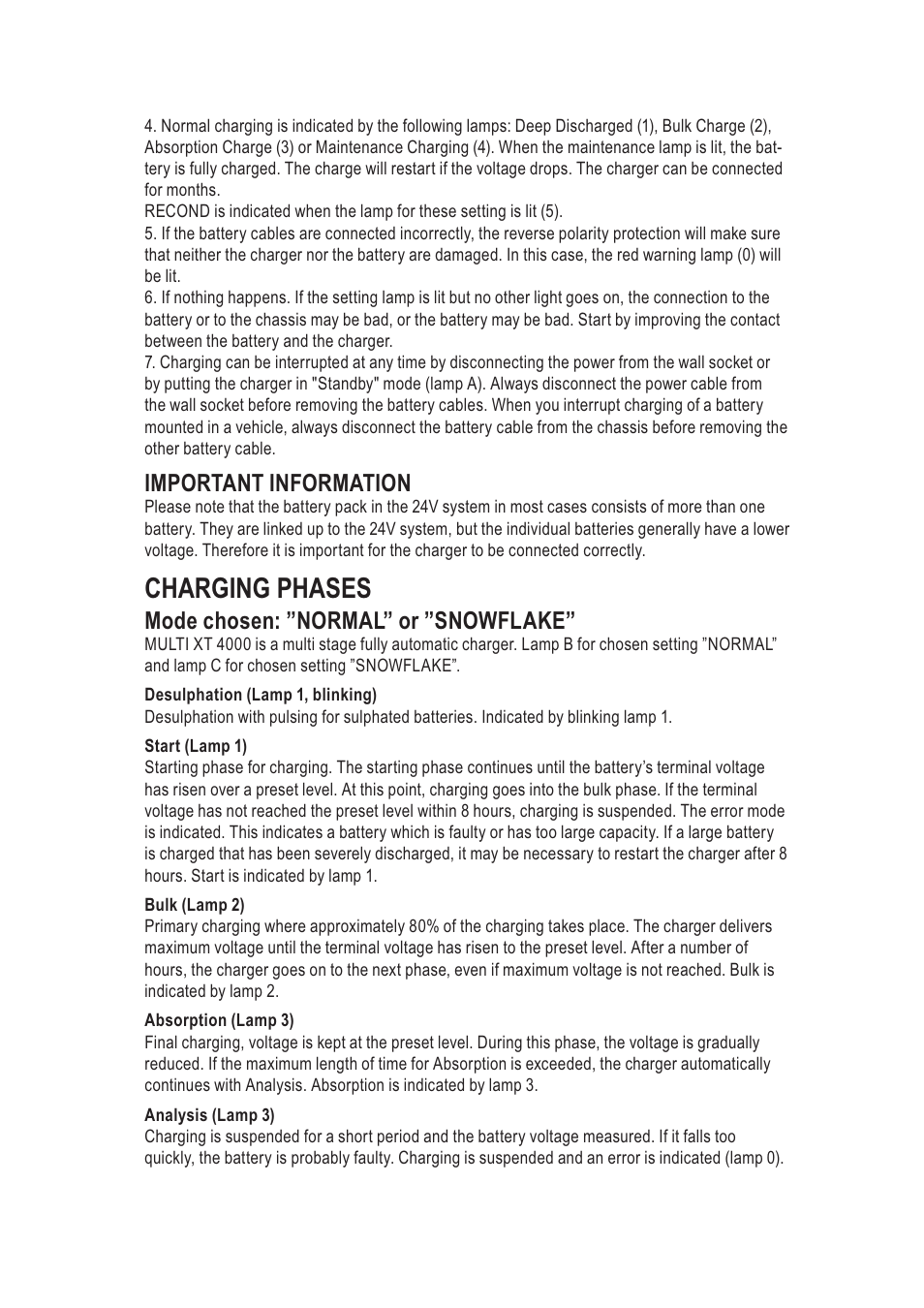 Charging phases, Important information, Mode chosen: ”normal” or ”snowflake | CTEK MXT 4000 User Manual | Page 4 / 9