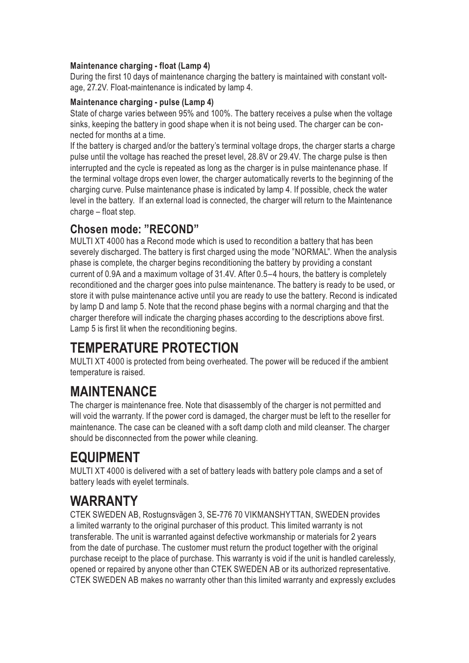 Temperature protection, Maintenance, Equipment | Warranty | CTEK MXT 4000 User Manual | Page 5 / 9