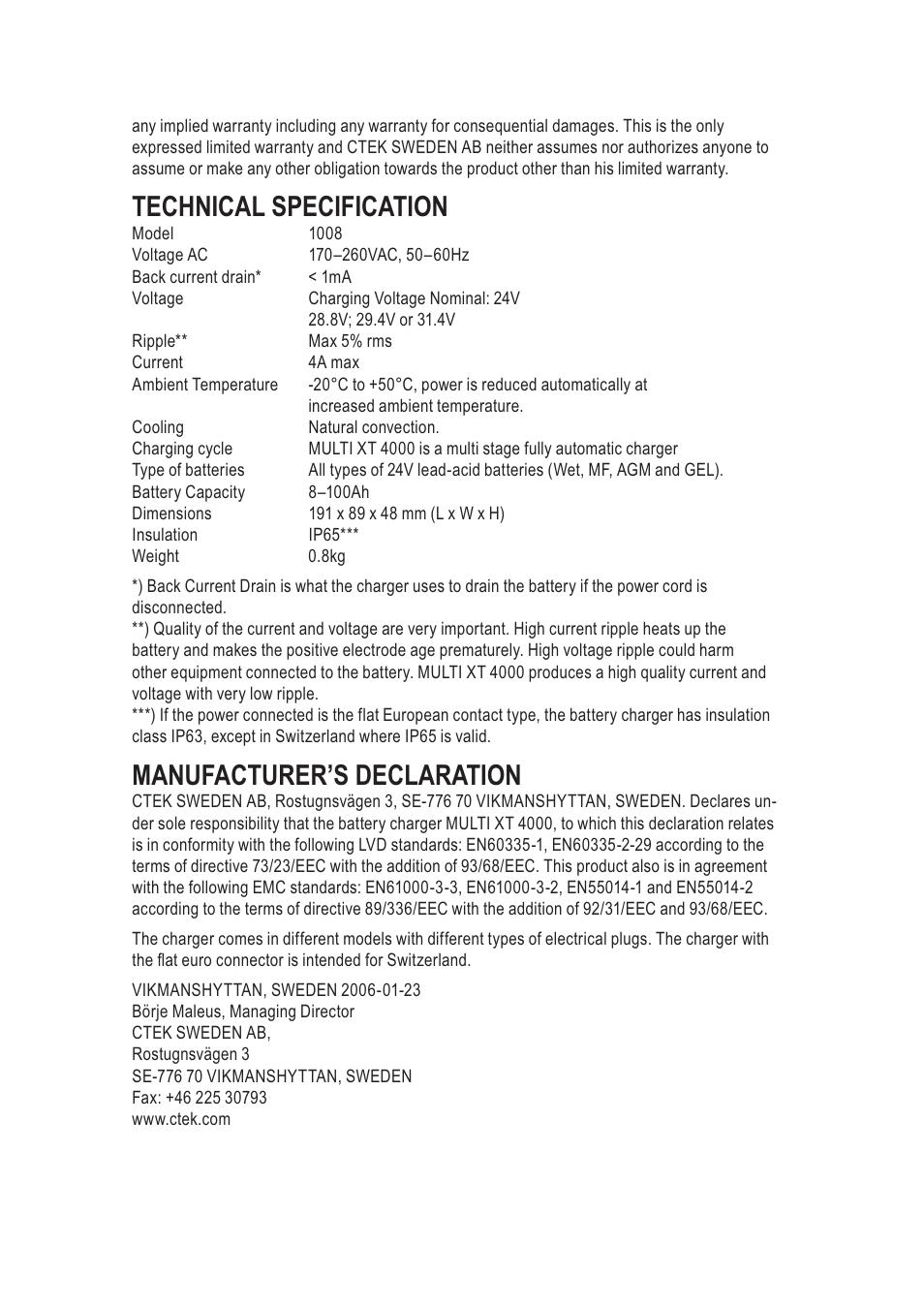 Technical specification, Manufacturer’s declaration | CTEK MXT 4000 User Manual | Page 6 / 9
