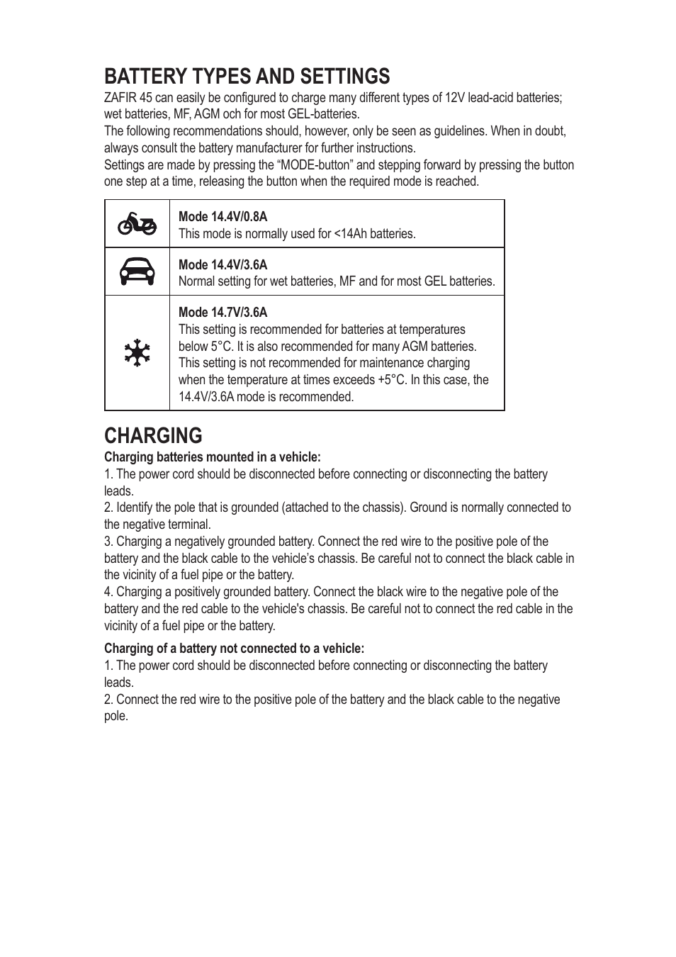 Battery types and settings, Charging | CTEK ZAFIR 45 User Manual | Page 3 / 7