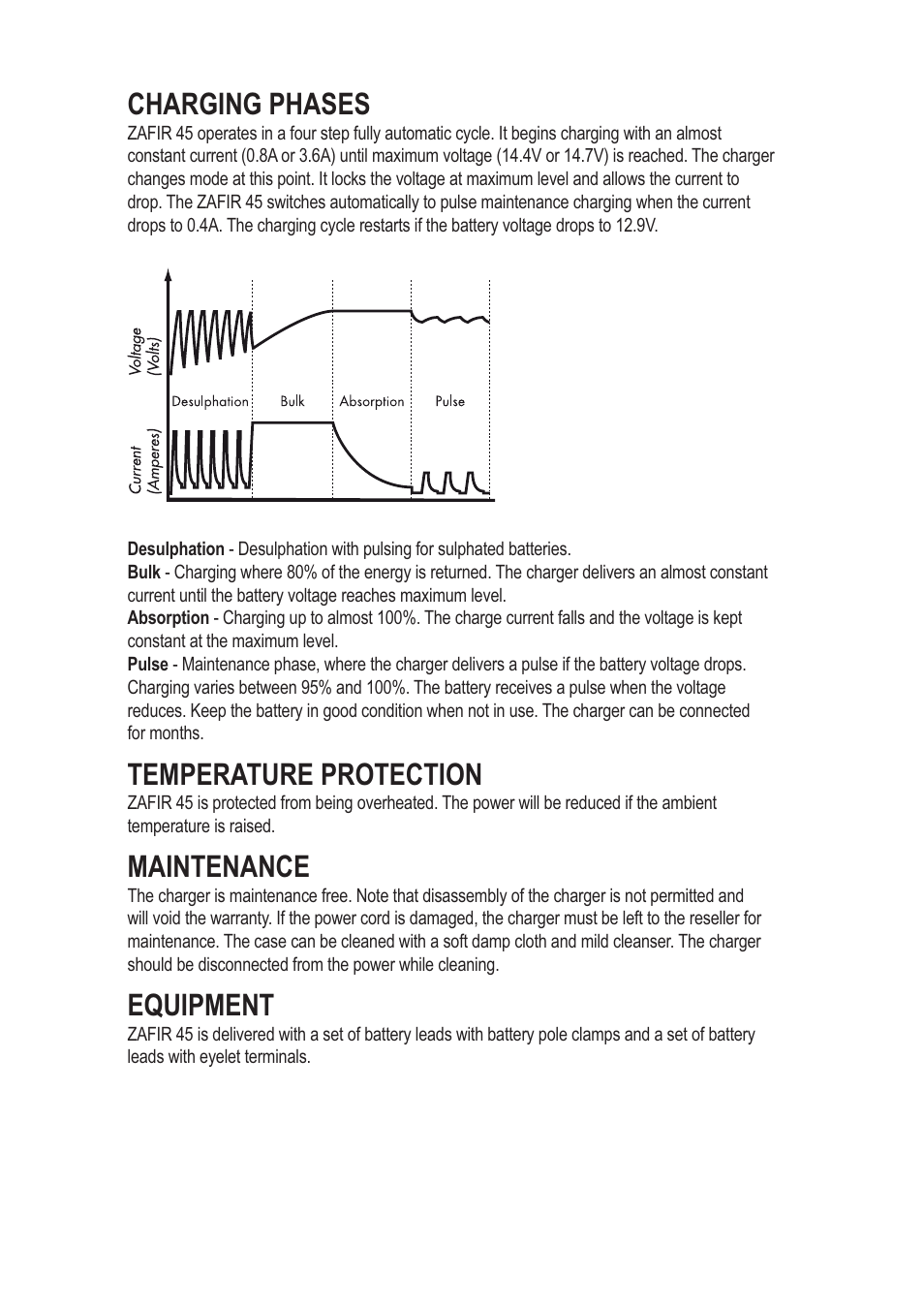 Charging phases, Temperature protection, Maintenance | Equipment | CTEK ZAFIR 45 User Manual | Page 5 / 7
