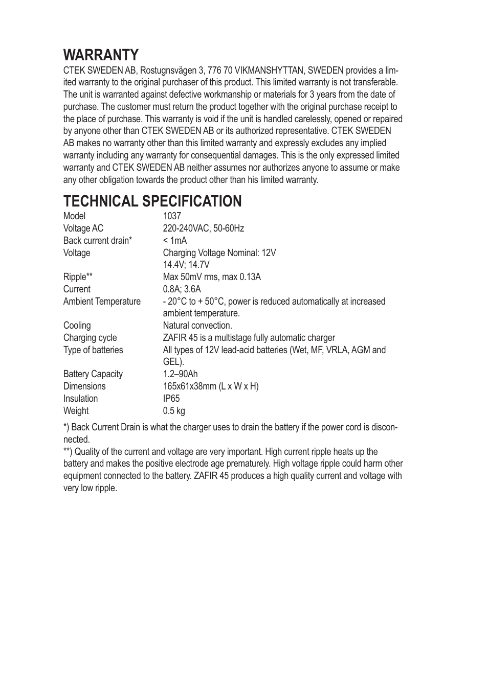 Warranty, Technical specification | CTEK ZAFIR 45 User Manual | Page 6 / 7