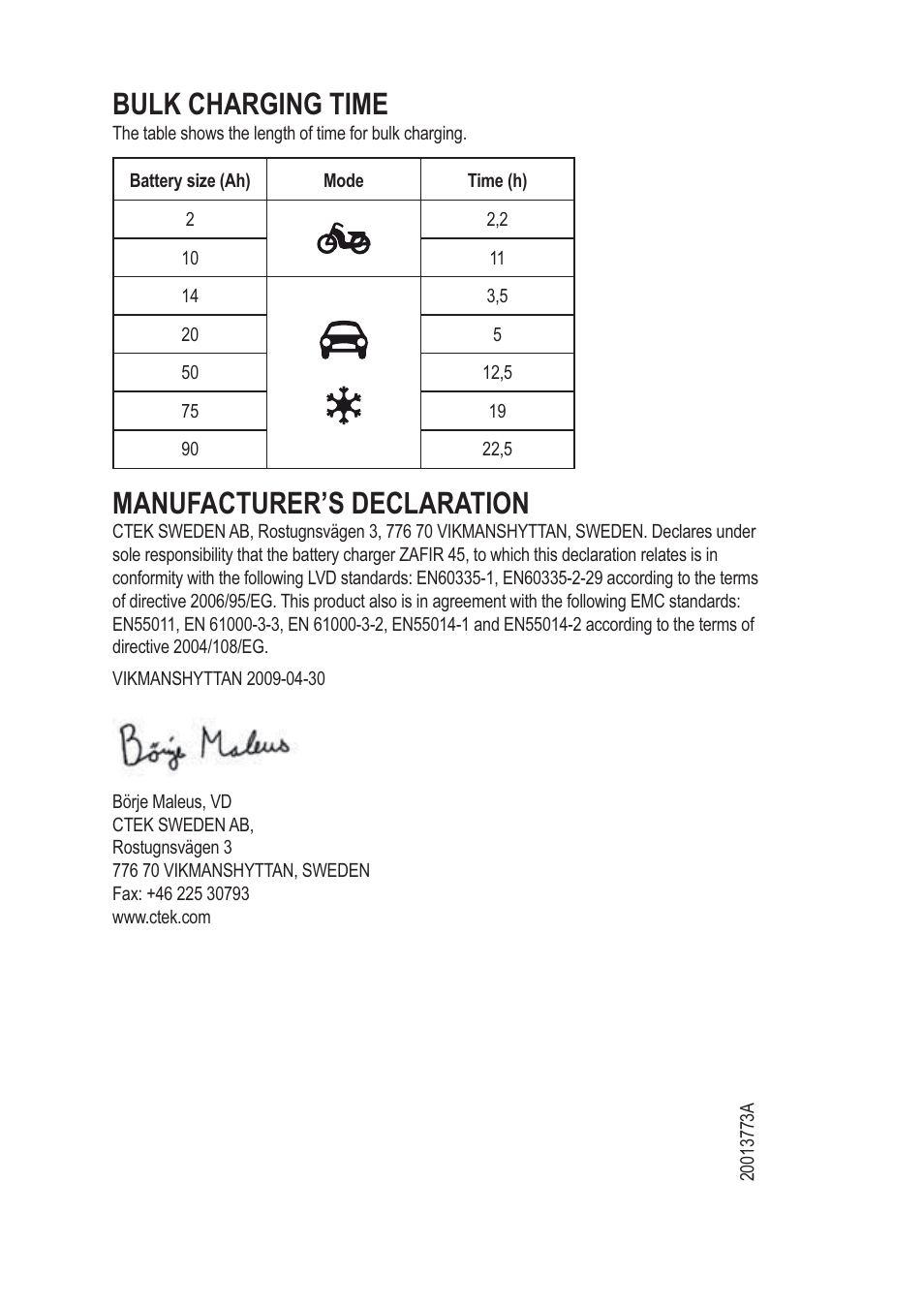 Bulk charging time, Manufacturer’s declaration | CTEK ZAFIR 45 User Manual | Page 7 / 7