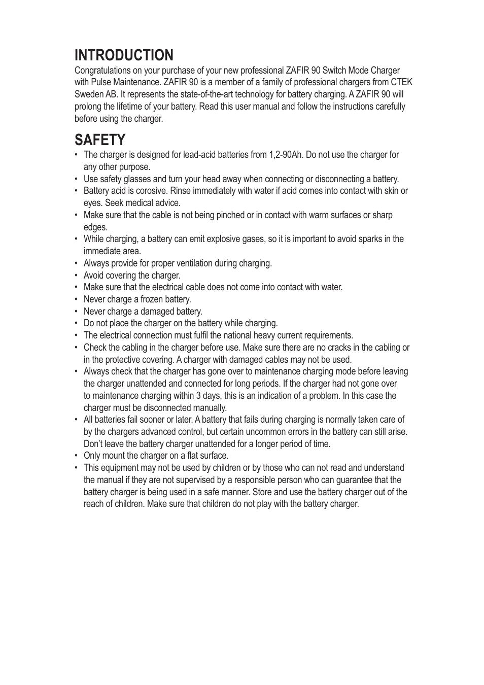 Introduction, Safety | CTEK ZAFIR 90 User Manual | Page 2 / 7