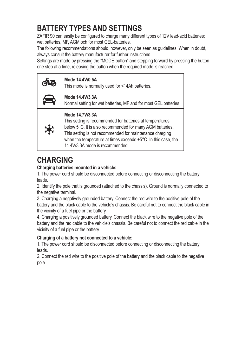 Battery types and settings, Charging | CTEK ZAFIR 90 User Manual | Page 3 / 7