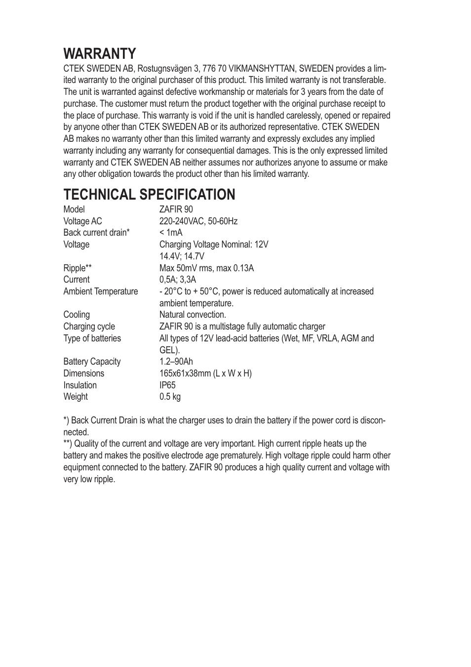 Warranty, Technical specification | CTEK ZAFIR 90 User Manual | Page 6 / 7