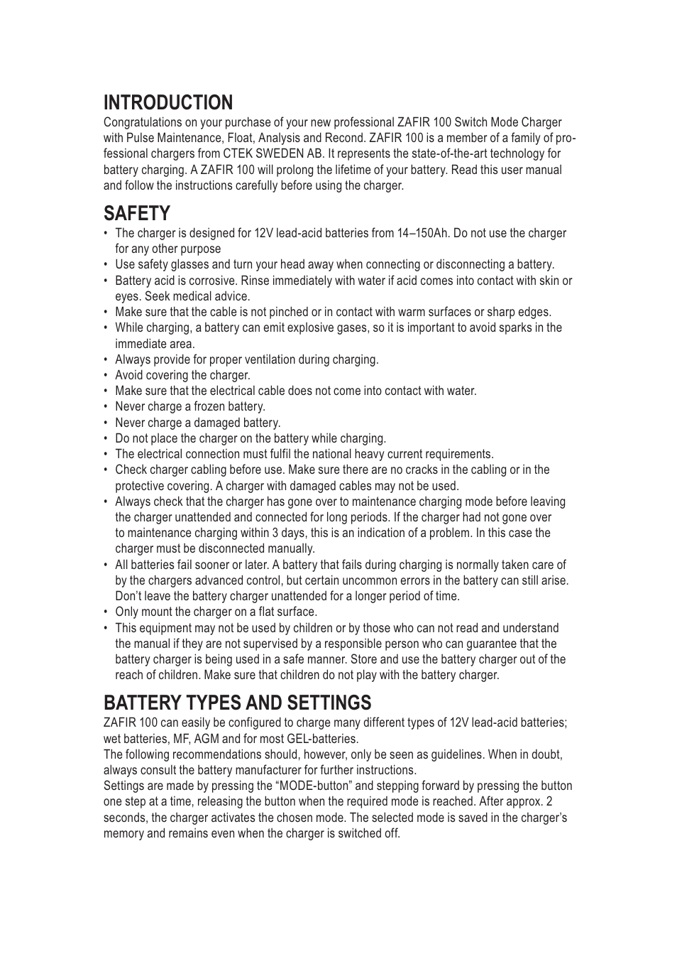 Introduction, Safety, Battery types and settings | CTEK ZAFIR 100 User Manual | Page 2 / 9