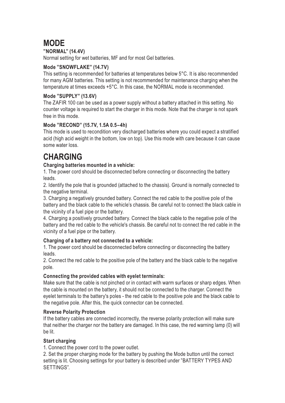 Mode, Charging | CTEK ZAFIR 100 User Manual | Page 3 / 9