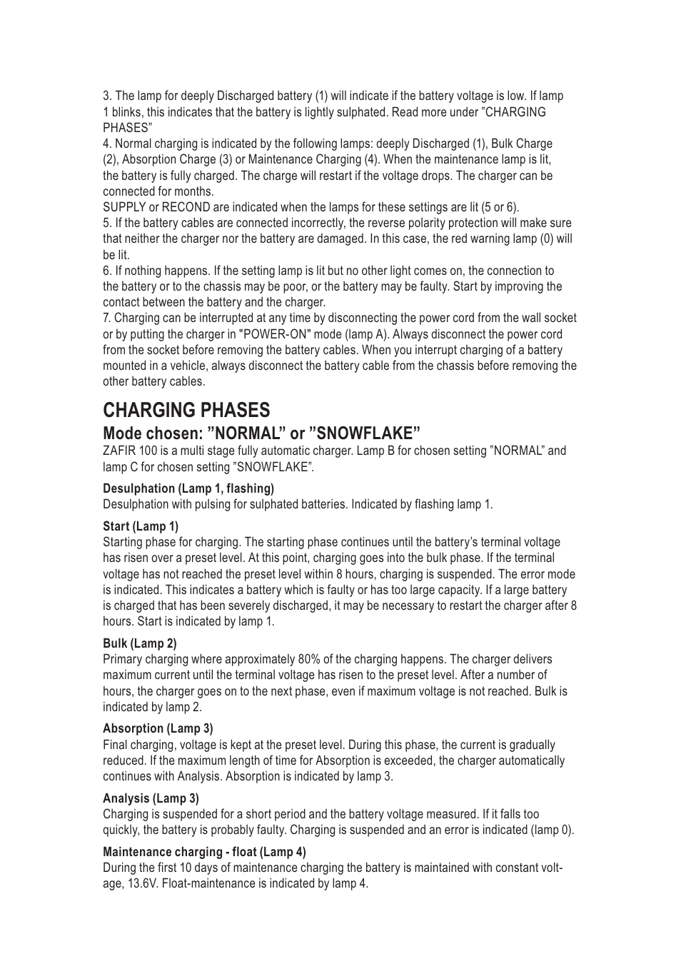 Charging phases, Mode chosen: ”normal” or ”snowflake | CTEK ZAFIR 100 User Manual | Page 4 / 9