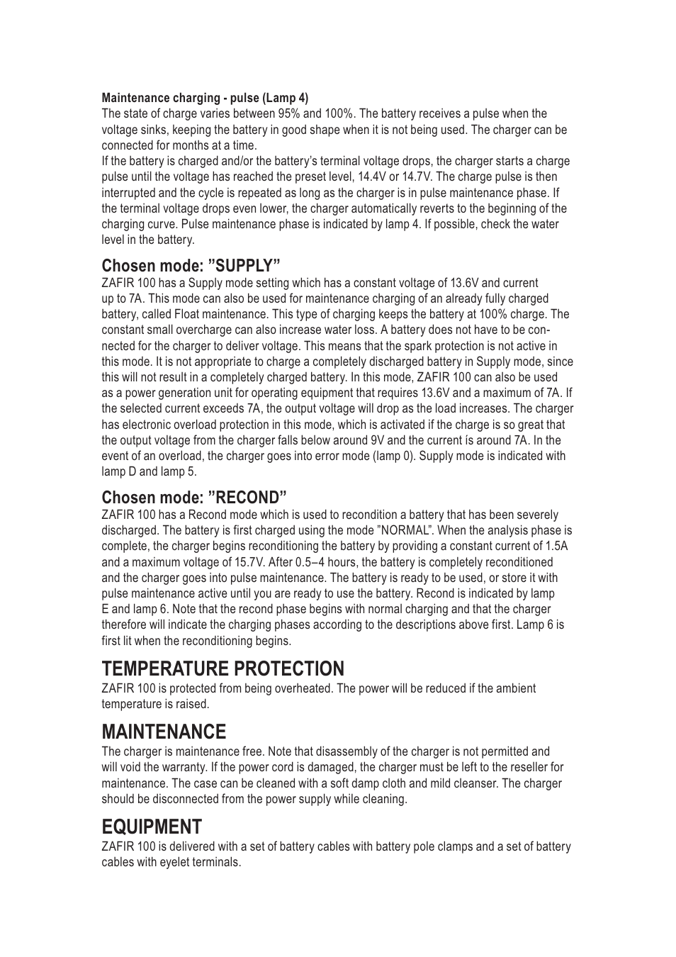 Temperature protection, Maintenance, Equipment | CTEK ZAFIR 100 User Manual | Page 5 / 9