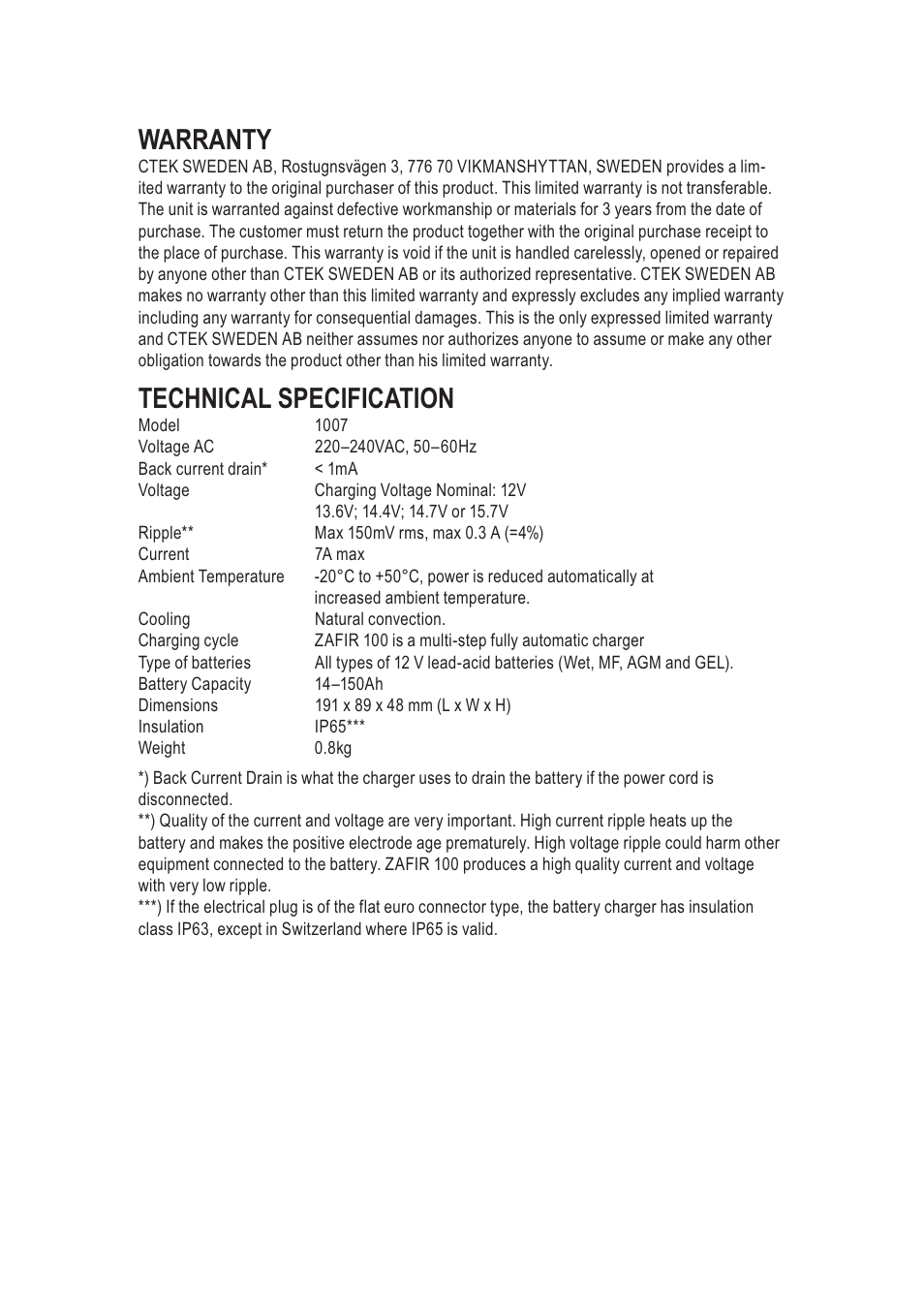 Warranty, Technical specification | CTEK ZAFIR 100 User Manual | Page 6 / 9