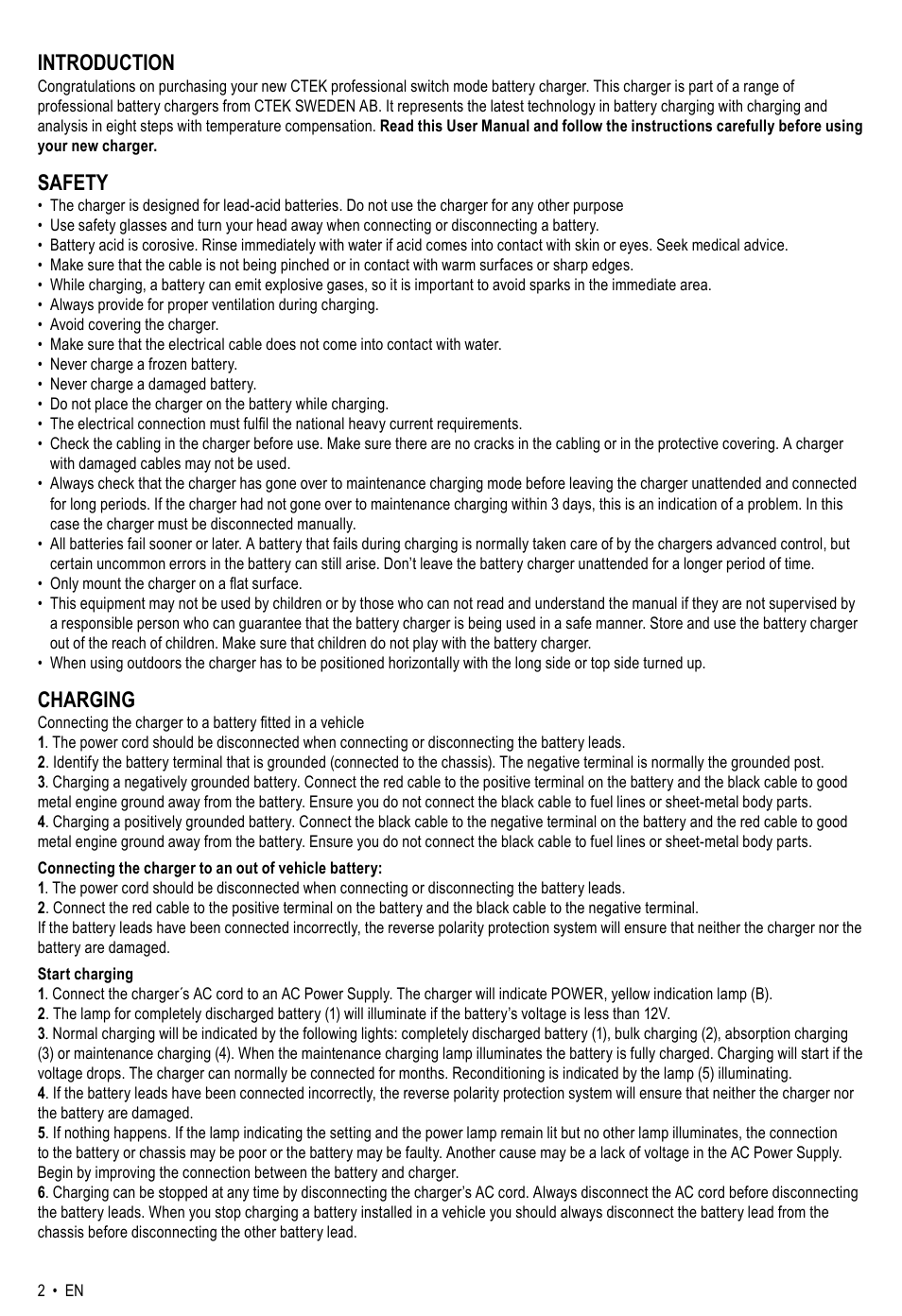 Introduction, Safety, Charging | CTEK ZAFIR 200 User Manual | Page 2 / 8