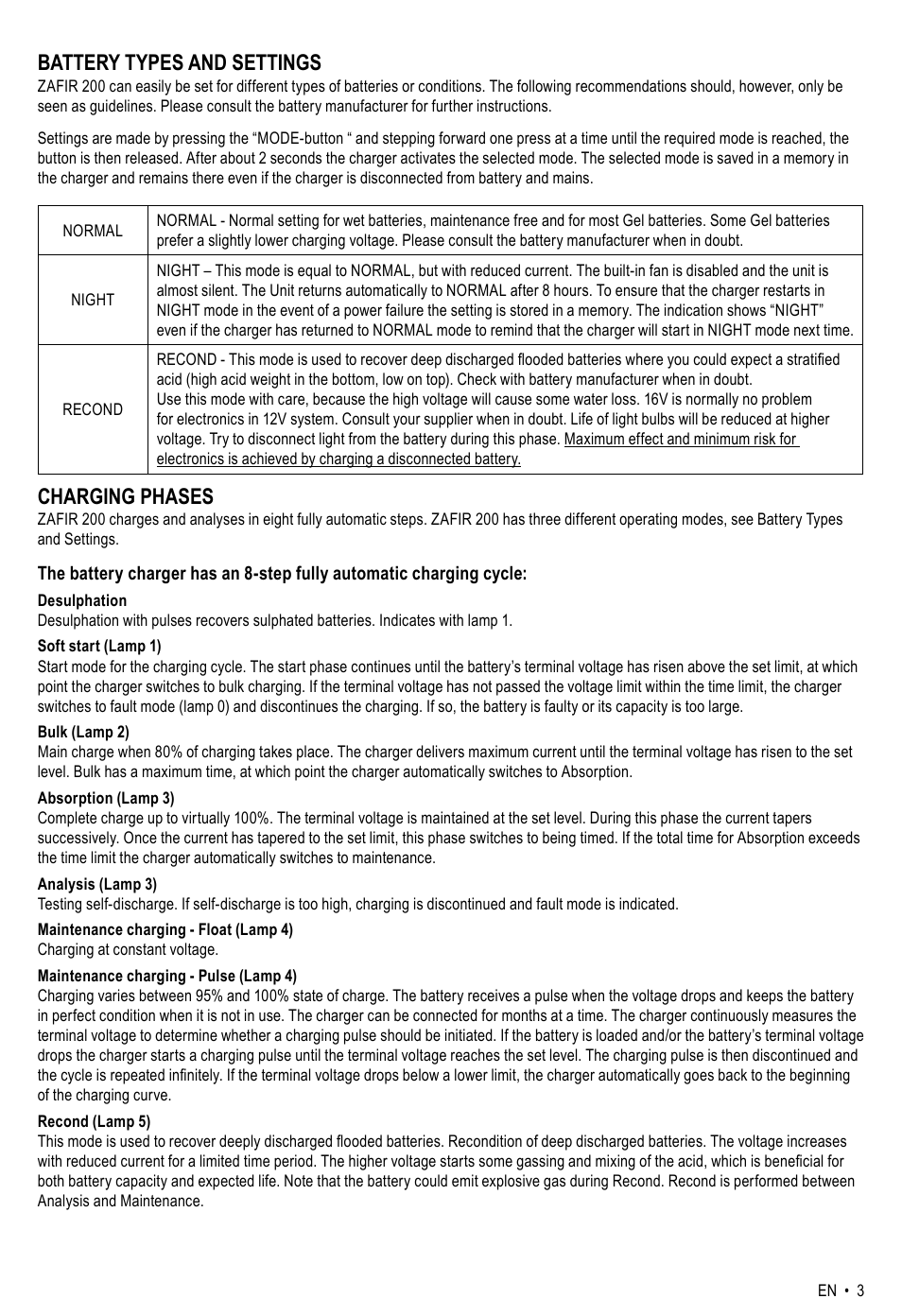 Battery types and settings, Charging phases | CTEK ZAFIR 200 User Manual | Page 3 / 8