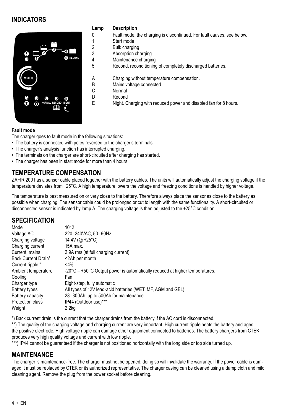 Indicators, Temperature compensation, Specification | Maintenance | CTEK ZAFIR 200 User Manual | Page 4 / 8