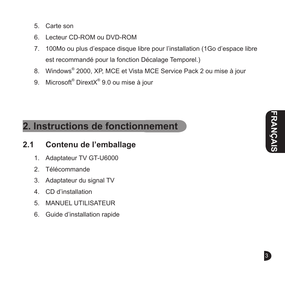 Instructions de fonctionnement, English, English français english | 1 contenu de l’emballage | GIGABYTE GT-U6000 User Manual | Page 11 / 49
