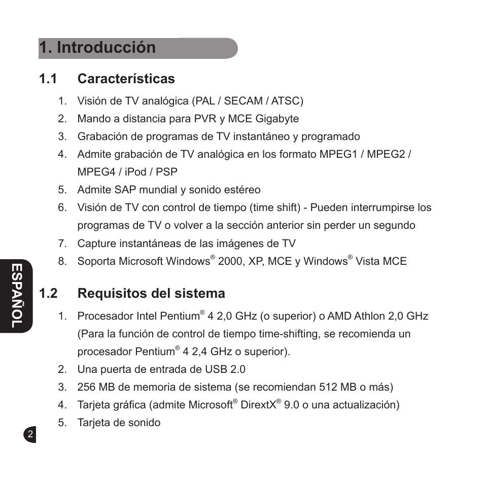 Introducción, English, English esp añol | 1 características, 2 requisitos del sistema | GIGABYTE GT-U6000 User Manual | Page 14 / 49