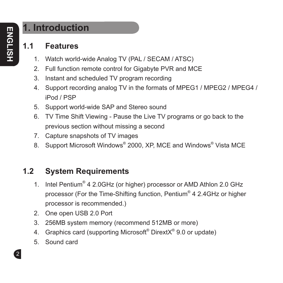 Introduction, English, 1 features | 2 system requirements | GIGABYTE GT-U6000 User Manual | Page 2 / 49