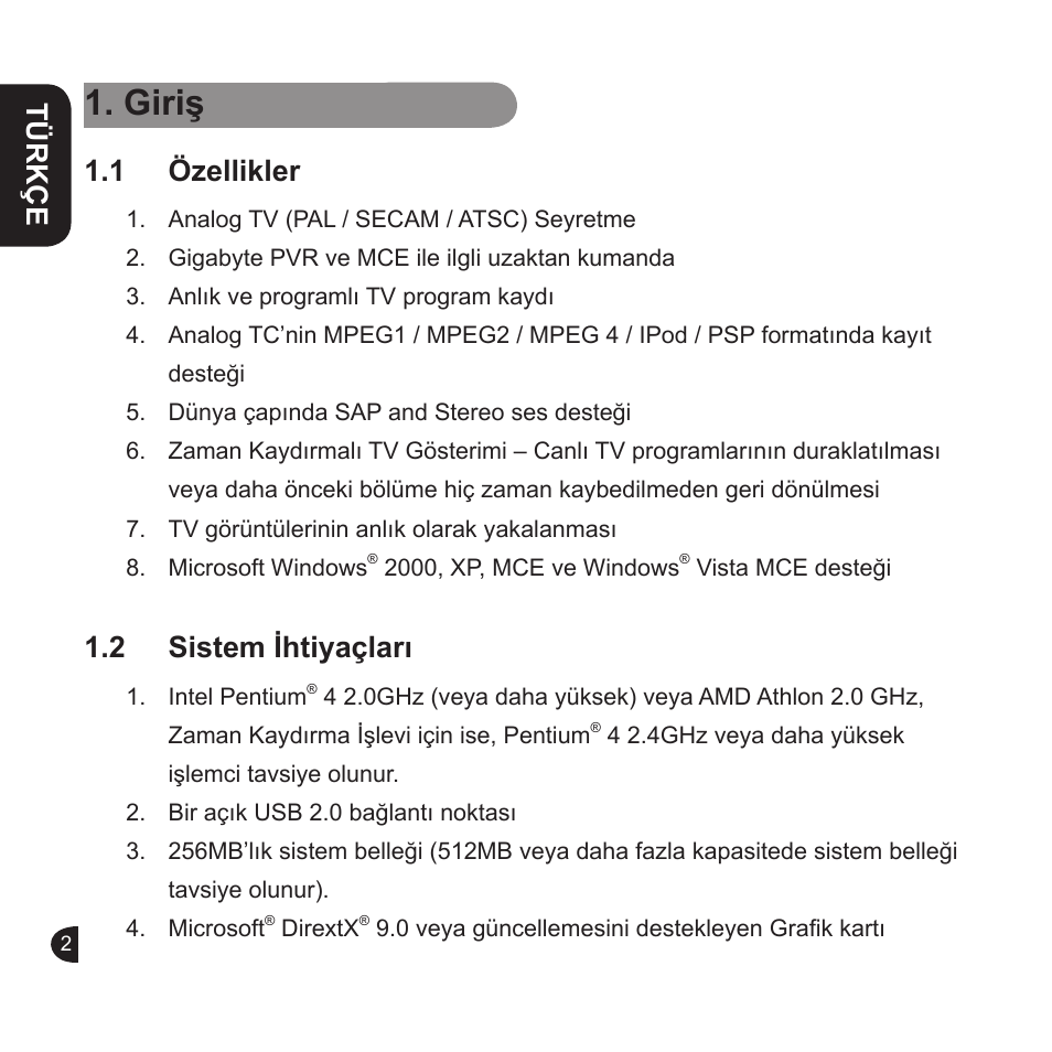 Giriş, Türkçe english english english, 1 özellikler | 2 sistem ihtiyaçları | GIGABYTE GT-U6000 User Manual | Page 22 / 49