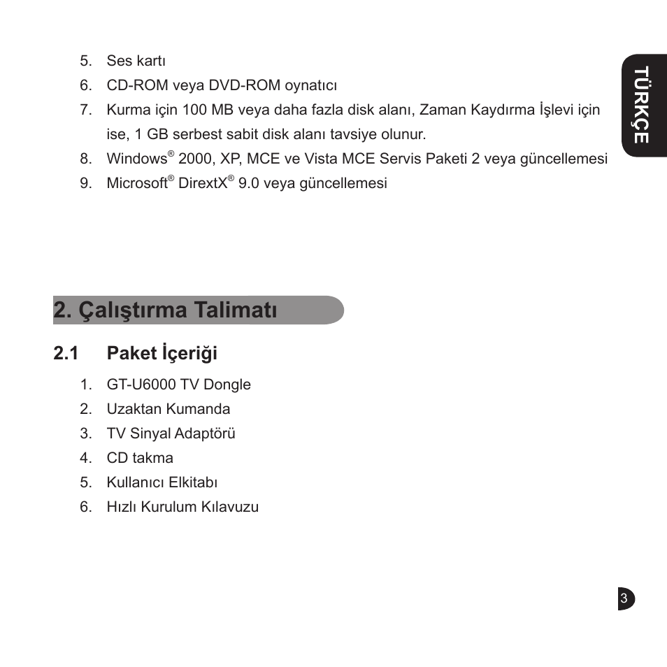 Çalıştırma talimatı, Türkçe english english english, 1 paket içeriği | GIGABYTE GT-U6000 User Manual | Page 23 / 49