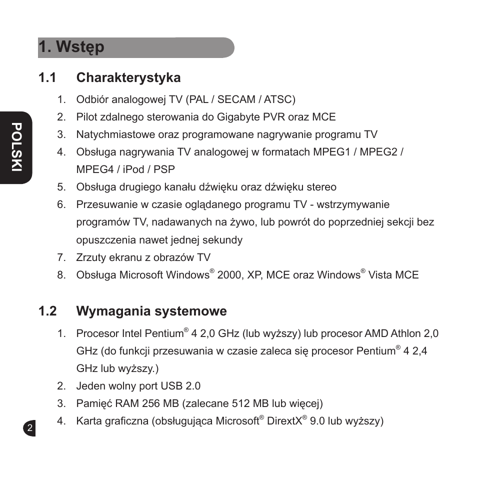 Wstęp, English polski english english, 1 charakterystyka | 2 wymagania systemowe | GIGABYTE GT-U6000 User Manual | Page 26 / 49