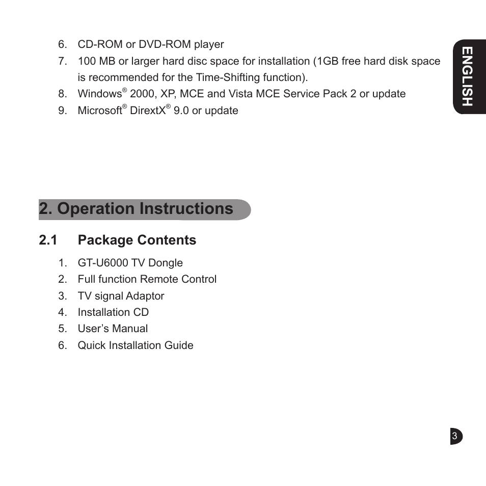 Operation instructions, English, 1 package contents | GIGABYTE GT-U6000 User Manual | Page 3 / 49