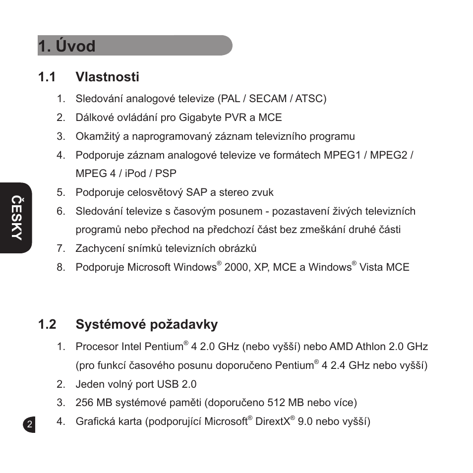 Úvod, English, English česky english | 1 vlastnosti, 2 systémové požadavky | GIGABYTE GT-U6000 User Manual | Page 30 / 49