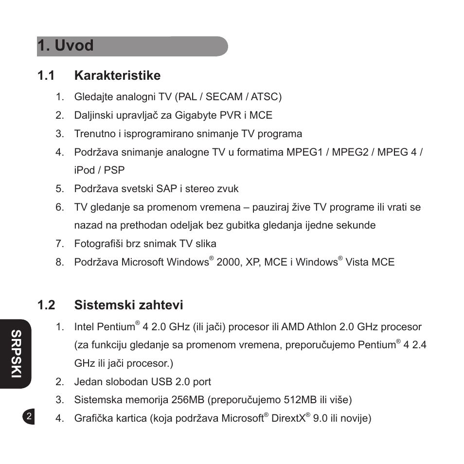 Uvod, English, English srpski | 1 karakteristike, 2 sistemski zahtevi | GIGABYTE GT-U6000 User Manual | Page 38 / 49