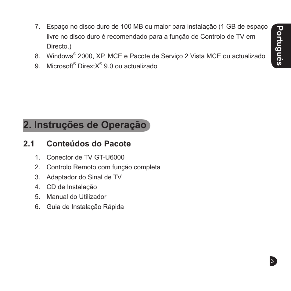 Instruções de operação, Portugués english english english, 1 conteúdos do pacote | GIGABYTE GT-U6000 User Manual | Page 43 / 49