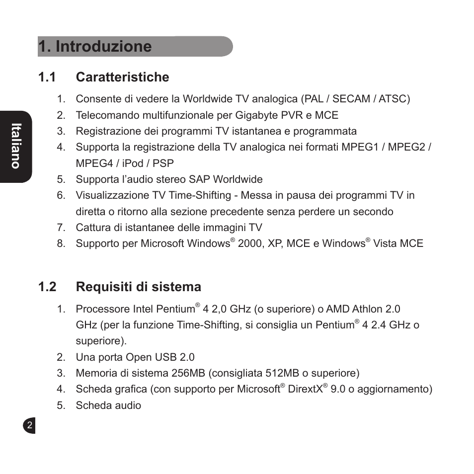 Introduzione, English italiano english english, 1 caratteristiche | 2 requisiti di sistema | GIGABYTE GT-U6000 User Manual | Page 46 / 49