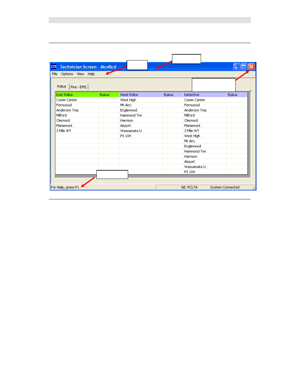 Screen elements, Controlling the mcn server window, Menus | Creen, Lements, Ontrolling the, Erver, Indow | CTI Products MCN Server 8000 User Manual | Page 130 / 232