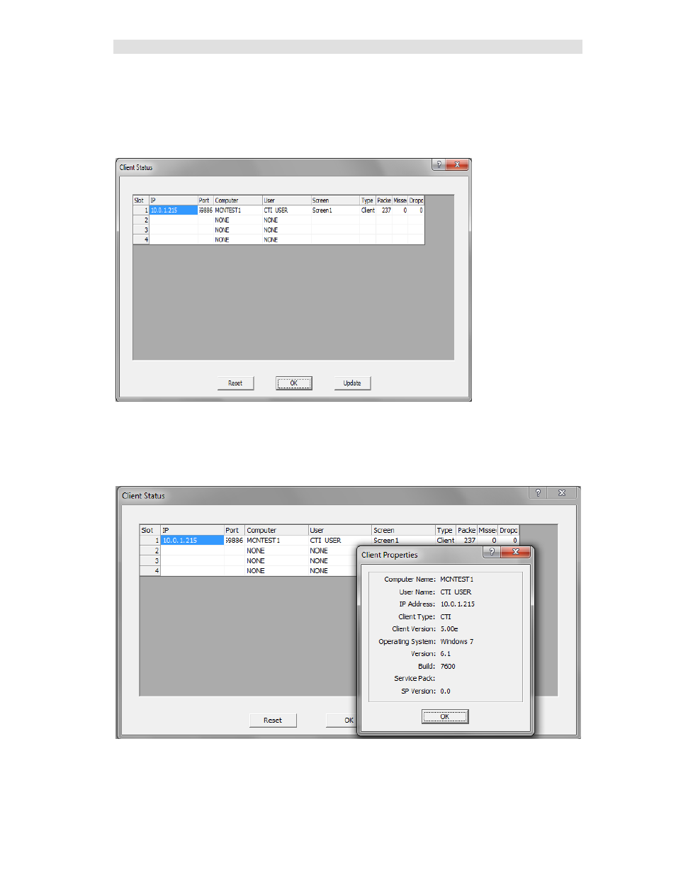 Client status window, Client properties window | CTI Products MCN Server 8000 User Manual | Page 136 / 232