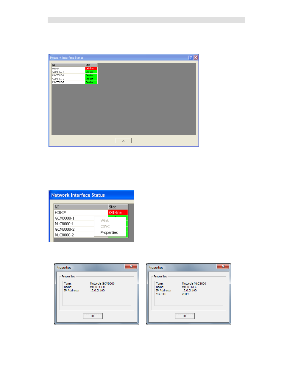 Ni status window, Network interface properties display | CTI Products MCN Server 8000 User Manual | Page 137 / 232