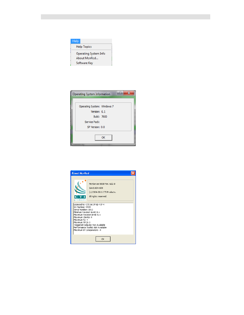 Help menu, Operating system info, About mcnrcd | Software key menu item | CTI Products MCN Server 8000 User Manual | Page 140 / 232