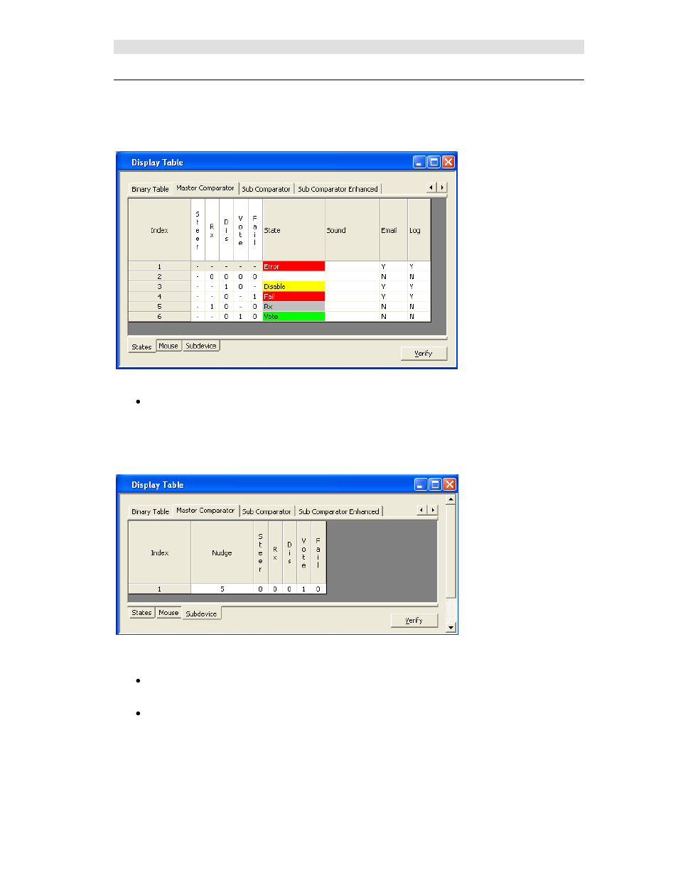 Master comparator display table, States tab, Subdevice tab | Aster, Omparator, Isplay, Able | CTI Products MCN Server 8000 User Manual | Page 174 / 232