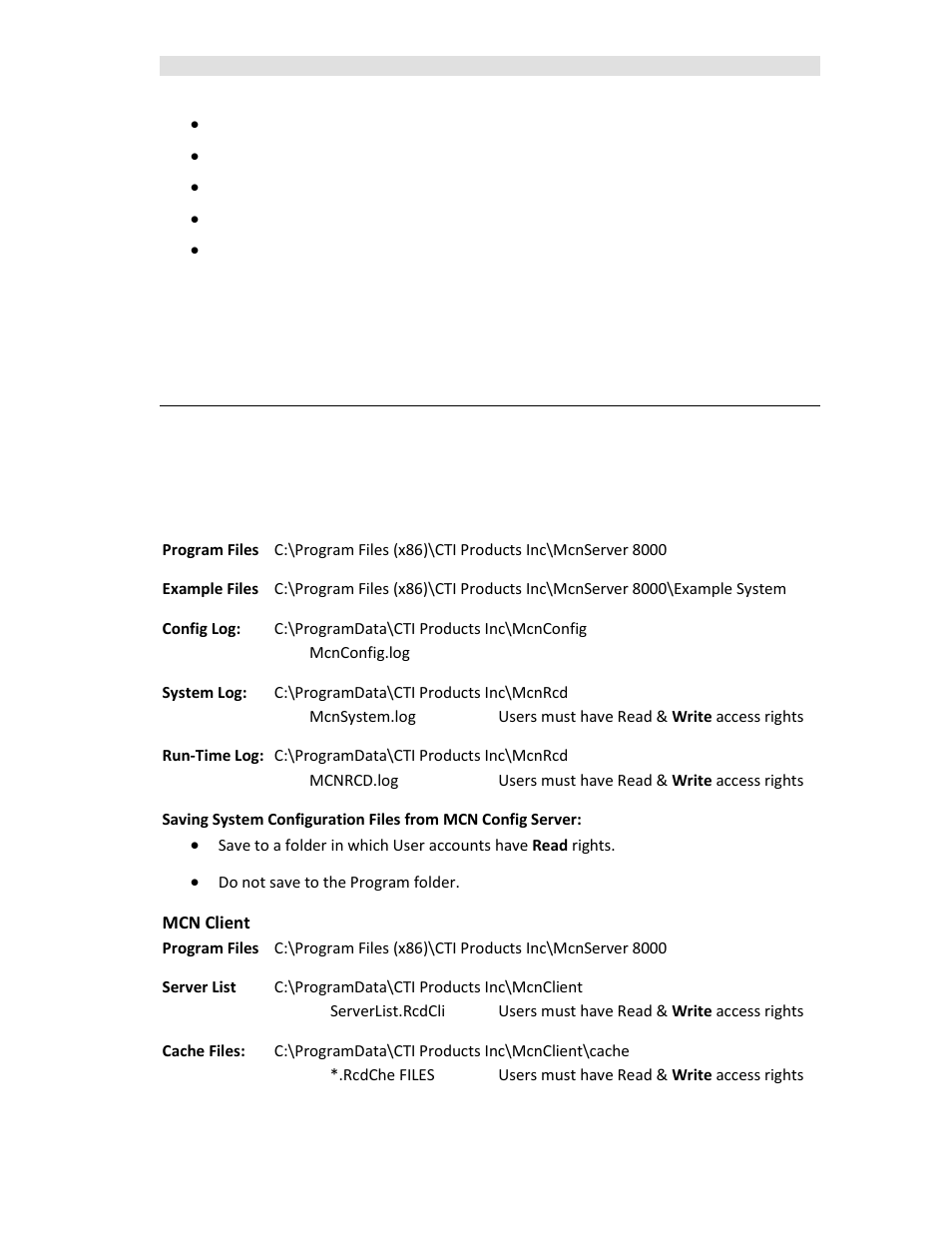 Permissions file locations & permissions, Ermissions, Ocations | CTI Products MCN Server 8000 User Manual | Page 62 / 232