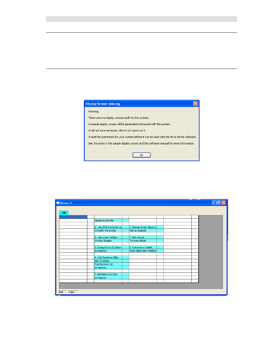 Example system, Default display window, Missing display window warning | Default display screen, Xample, Ystem, Efault, Isplay, Indow | CTI Products MCN Server 8000 User Manual | Page 66 / 232