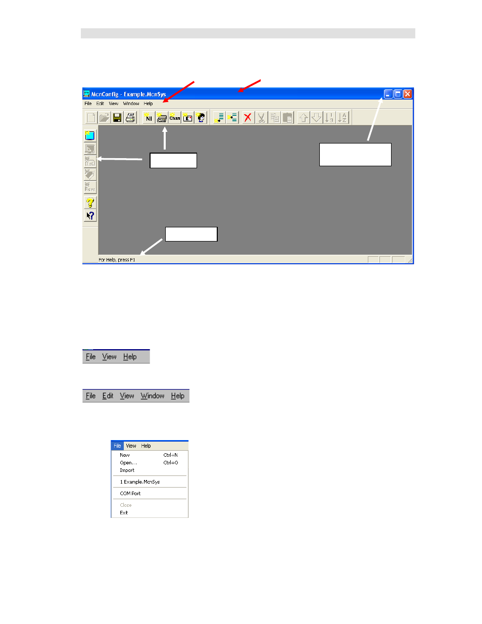 Screen elements, Menu bar, Initial file menu | CTI Products MCN Server 8000 User Manual | Page 68 / 232