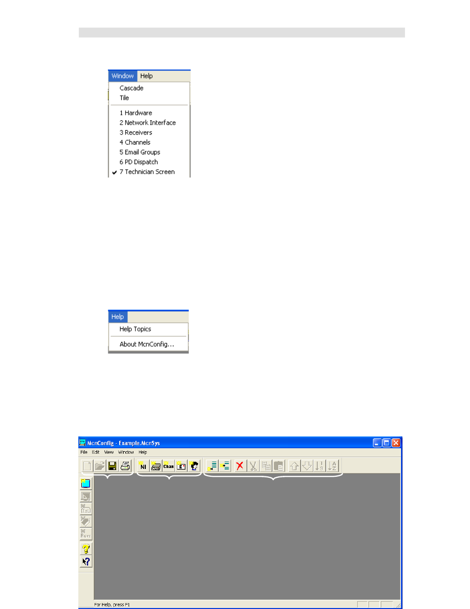 Window menu, Help menu, Toolbars | CTI Products MCN Server 8000 User Manual | Page 72 / 232