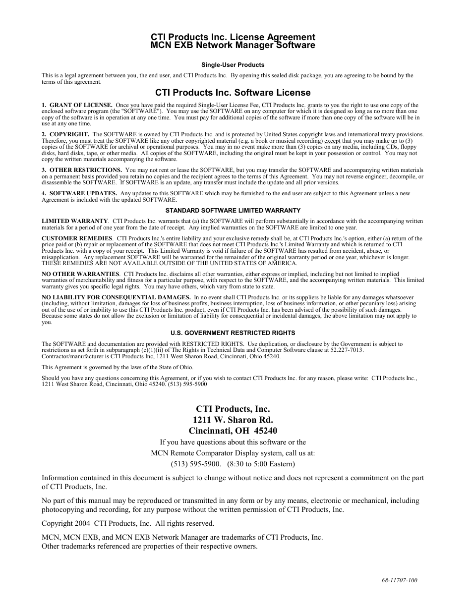 Cti products inc. software license | CTI Products EXB Network Manager User Manual | Page 2 / 48